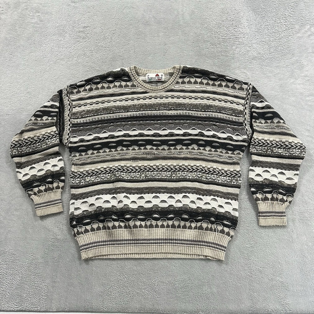 Vintage Florence Tricot Sweater Men's XL Gray Stripe 3D Knit Texture Y2K 90s